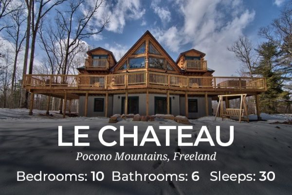 Large Pocono Cabin Rentals. Le Chateau is a large private Pocono cabin rental with theater room, game room, hot tub and more! great rental for groups and families. Call or text with questions or to make a reservation: 215-803-5323